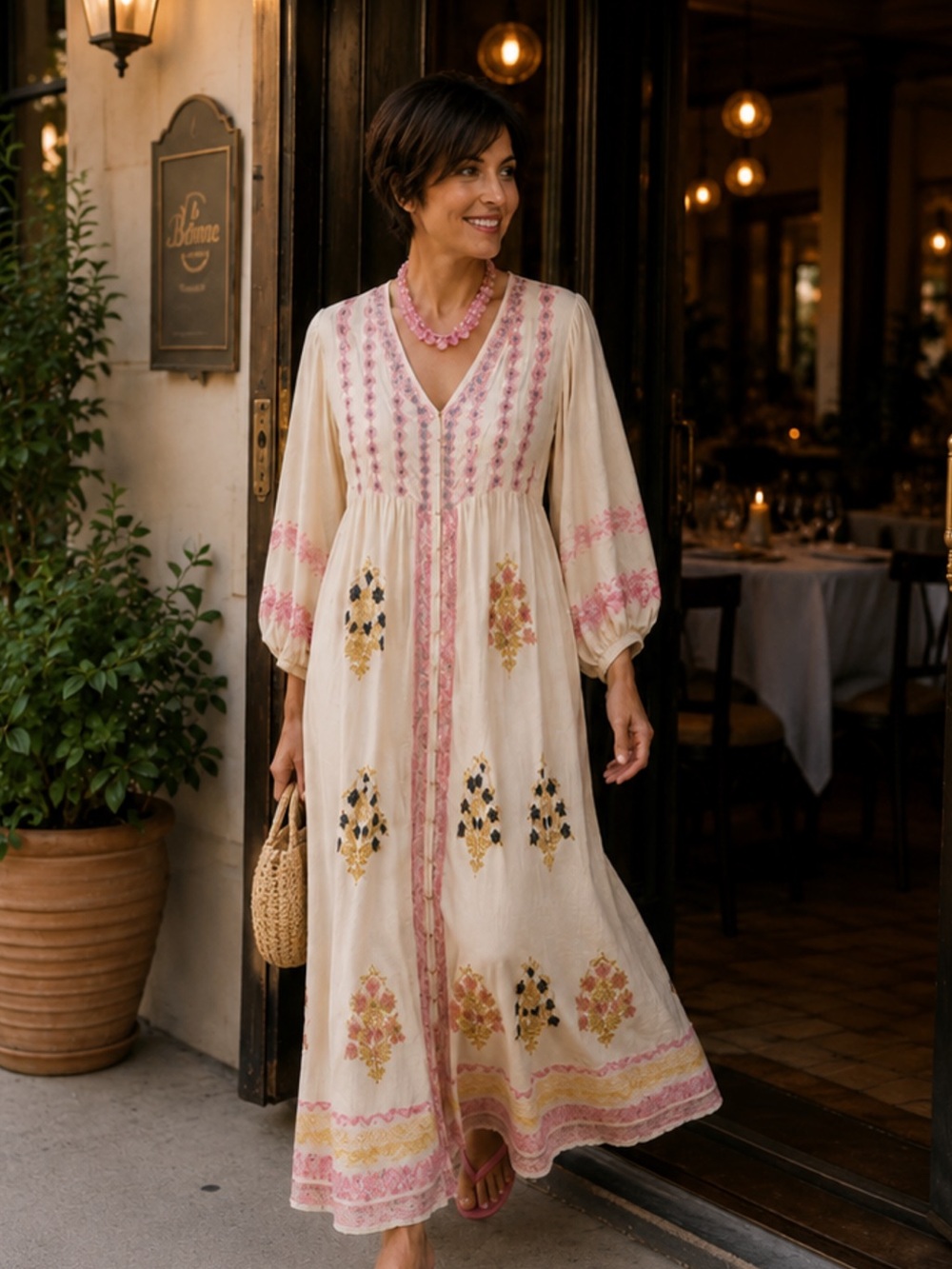 POL Cream Maxi Dress with Pink Embroidery and Yellow Accents